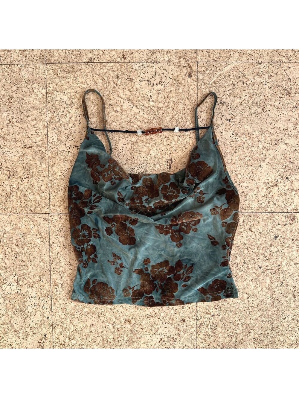Velvet Rose Burnout Cowl Neck Beaded Crop Tank Small Y2K Whimsigoth Green/Brown